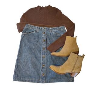 VTG 90s Blue High Waist Button Down Front Knee Length Jean Skirt Size 12